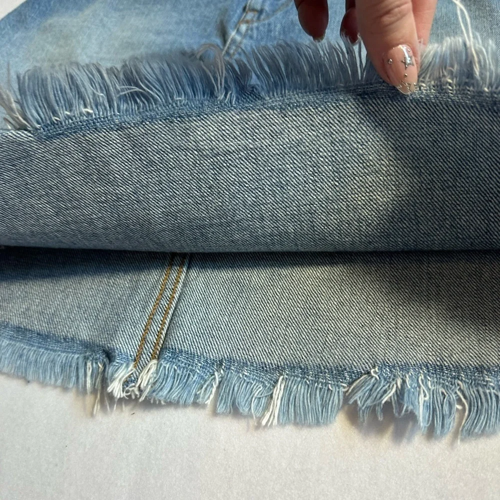 BLDWN Denim Mini Skirt Made in USA Size 27 Asymmetrical Raw Hem Jean Skirt - Picture 2 of 6